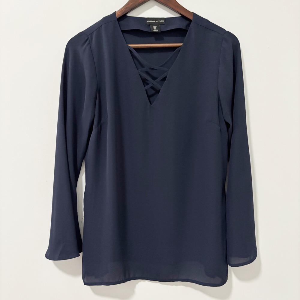 Adrienne Vittadini Blouse Women Small Navy Blue Lattice V-Neck Bell Sleeve Top